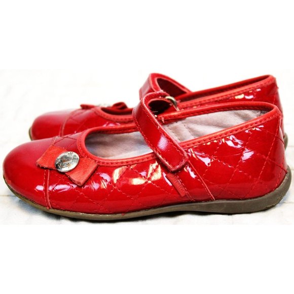 Primigi Quilted Look Mary Janes Red Patent Leather Sky Effect System Bow Heart - Picture 1 of 13